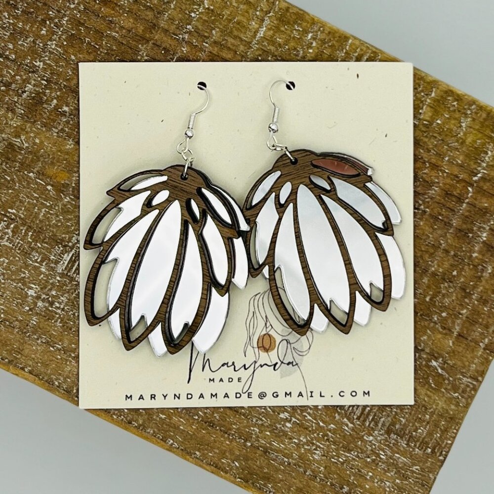 Waterlily Earrings | Layered Walnut and Mirrored Acrylic | Handmade Statement Ea